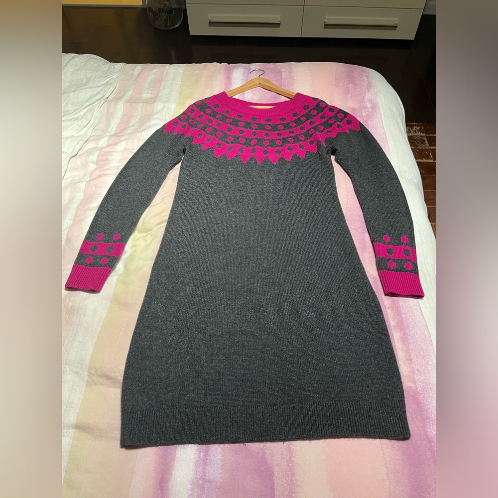 Boden Gray Sweater Dress with Pink Yoke and Cuffs